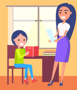 Private lessons at home with schoolboy sitting near window, pretty teacher stands behind him with sheet of paper, vector illustration