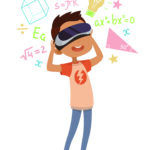Cute vector illustration for children. Cartoon style. Isolated character. Modern technologies for kids. Boy with virtual reality device. Learning and education.